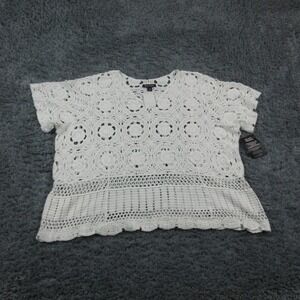Roaman's Blouse Shirt Womens 2X White Crochet Lace Short Sleeve Tunic Plus NWT